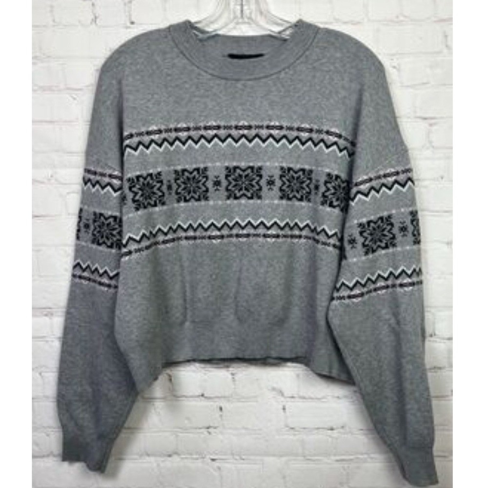Arden B Women Small Sweater Grey Fair Isle Nordic Cropped Knit Pullover 74784J
